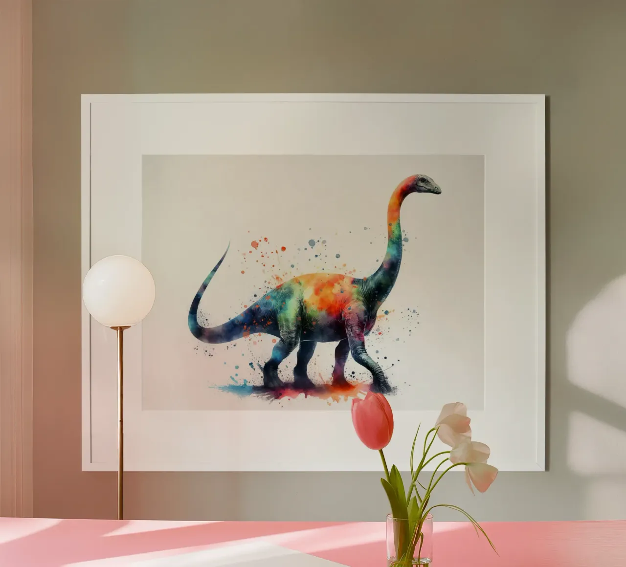 Illustrazione acquerellata del dinosauro Diplodocus poster con telaio in legno da 🥝 KIWI STORE