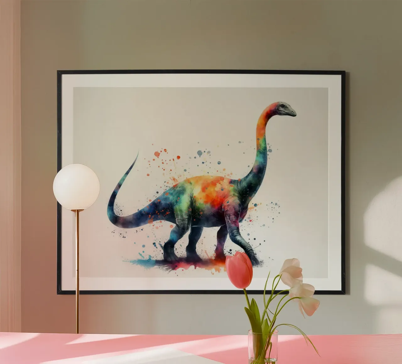 Illustrazione acquerellata del dinosauro Diplodocus poster con telaio in legno da 🥝 KIWI STORE