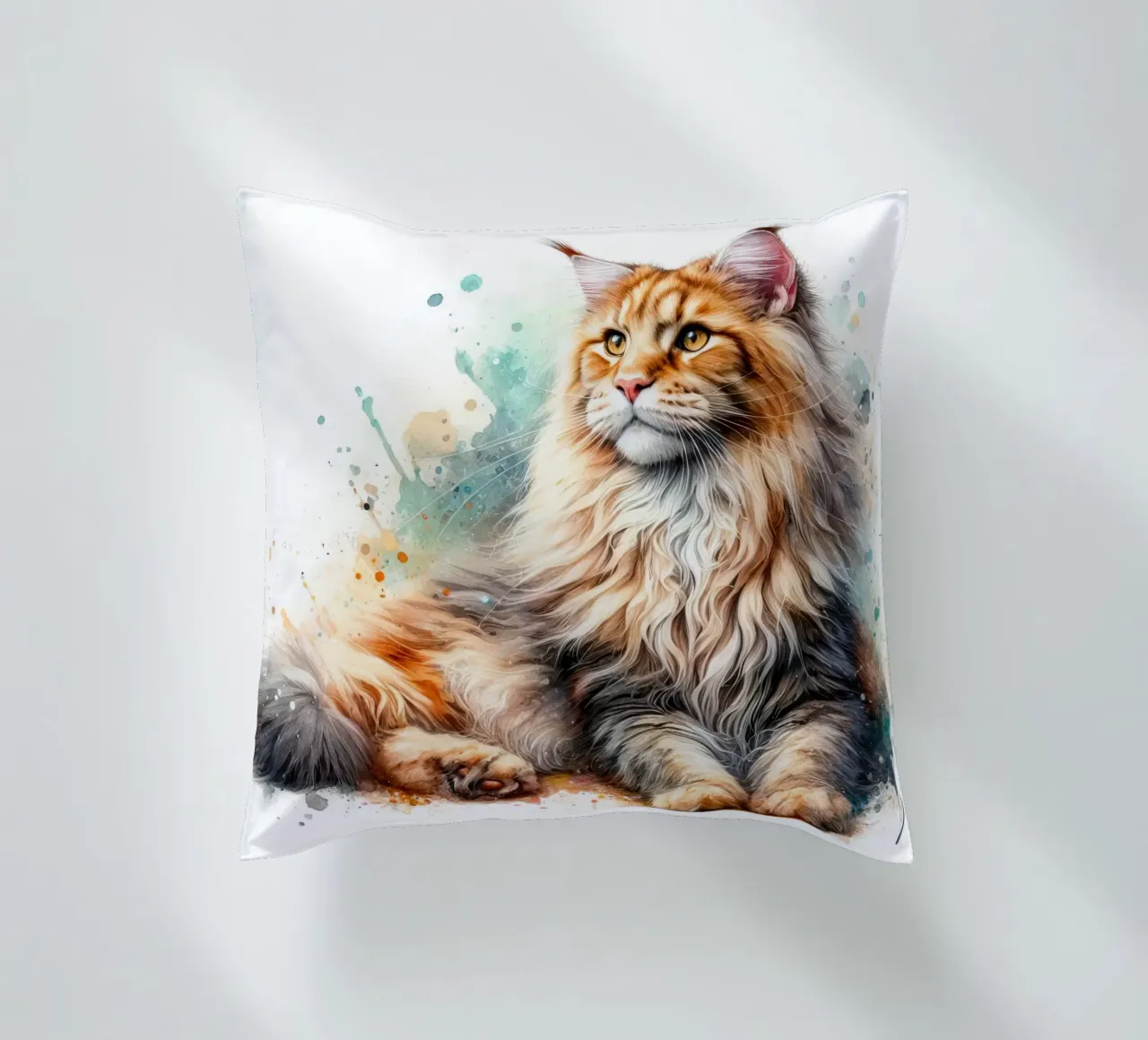 Ritratto di gatto Maine Coon ad acquerello cuscino da 🥝 KIWI STORE