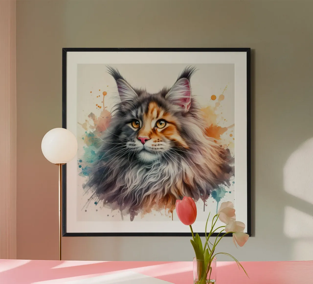 Ritratto di gatto Maine Coon ad acquerello poster con telaio in plastica da 🥝 KIWI STORE