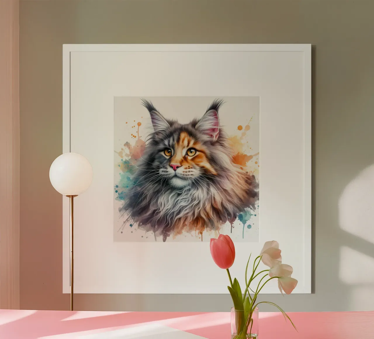 Ritratto di gatto Maine Coon ad acquerello poster con telaio in plastica da 🥝 KIWI STORE