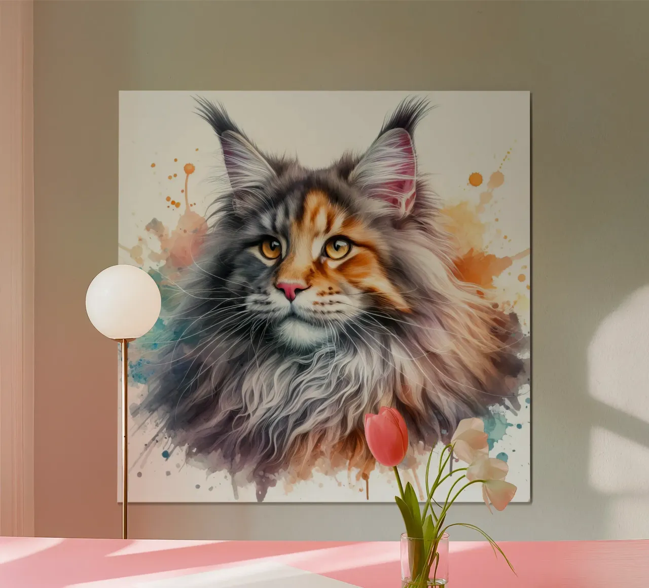 Ritratto di gatto Maine Coon ad acquerello poster con telaio in plastica da 🥝 KIWI STORE