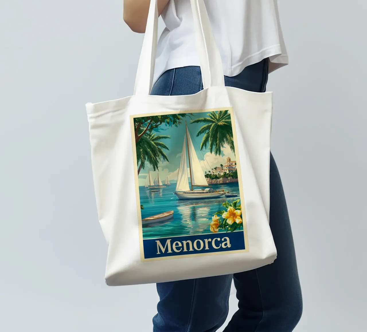 Menorca sailing boat tote bag by Vintage Travel Art