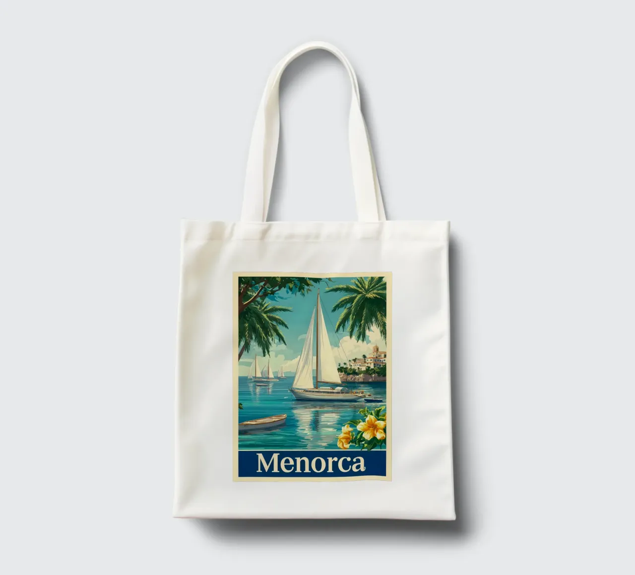 Menorca sailing boat tote bag by Vintage Travel Art