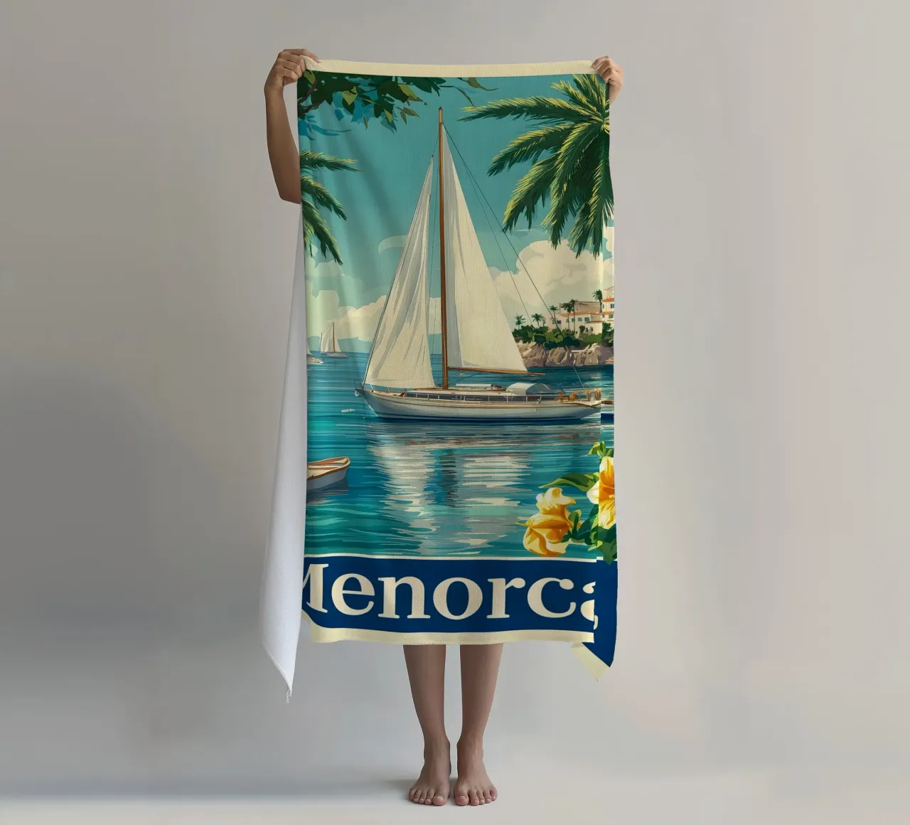 Minorca in barca a vela telo mare da Vintage Travel Art