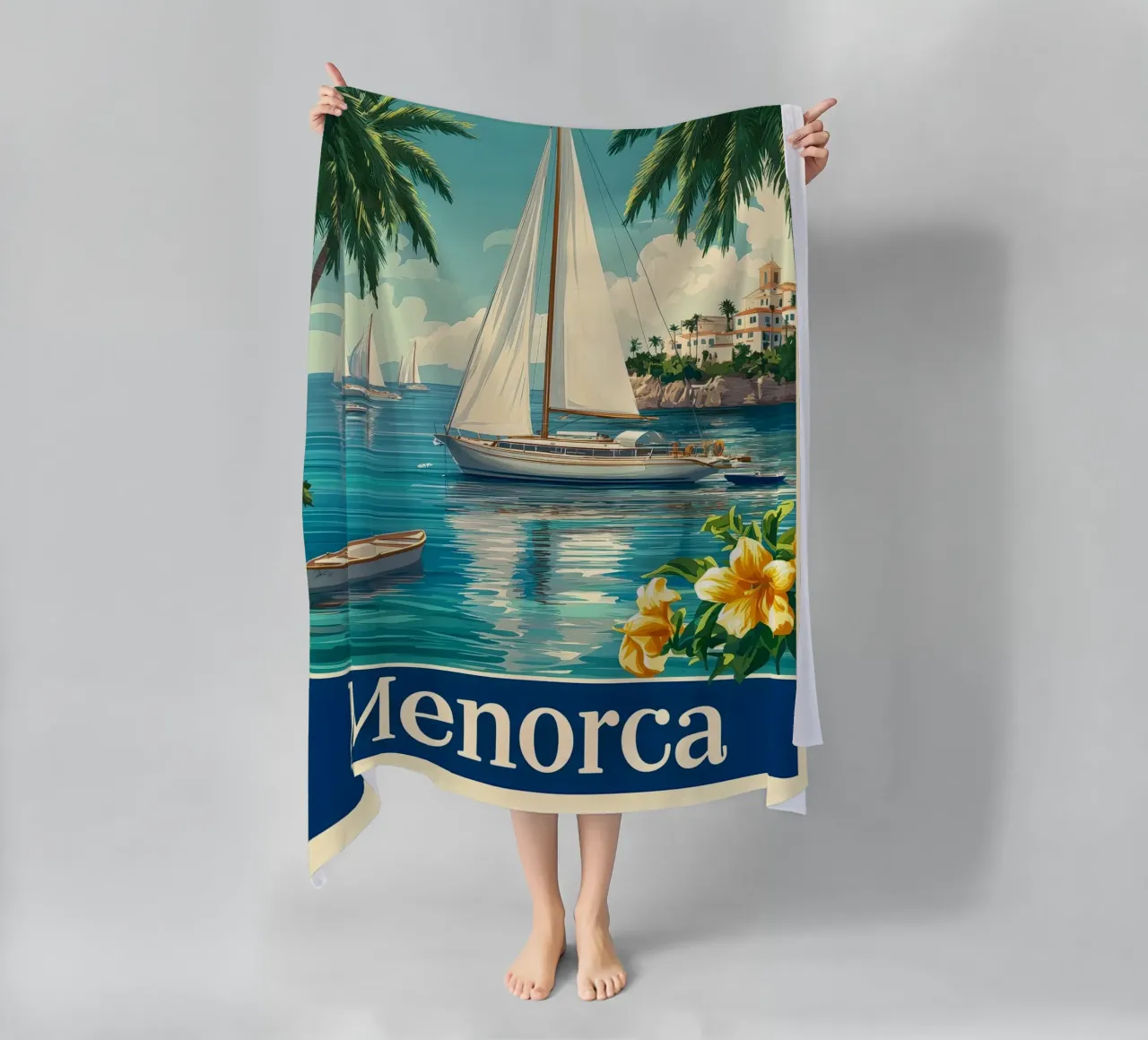 Minorca in barca a vela telo mare da Vintage Travel Art