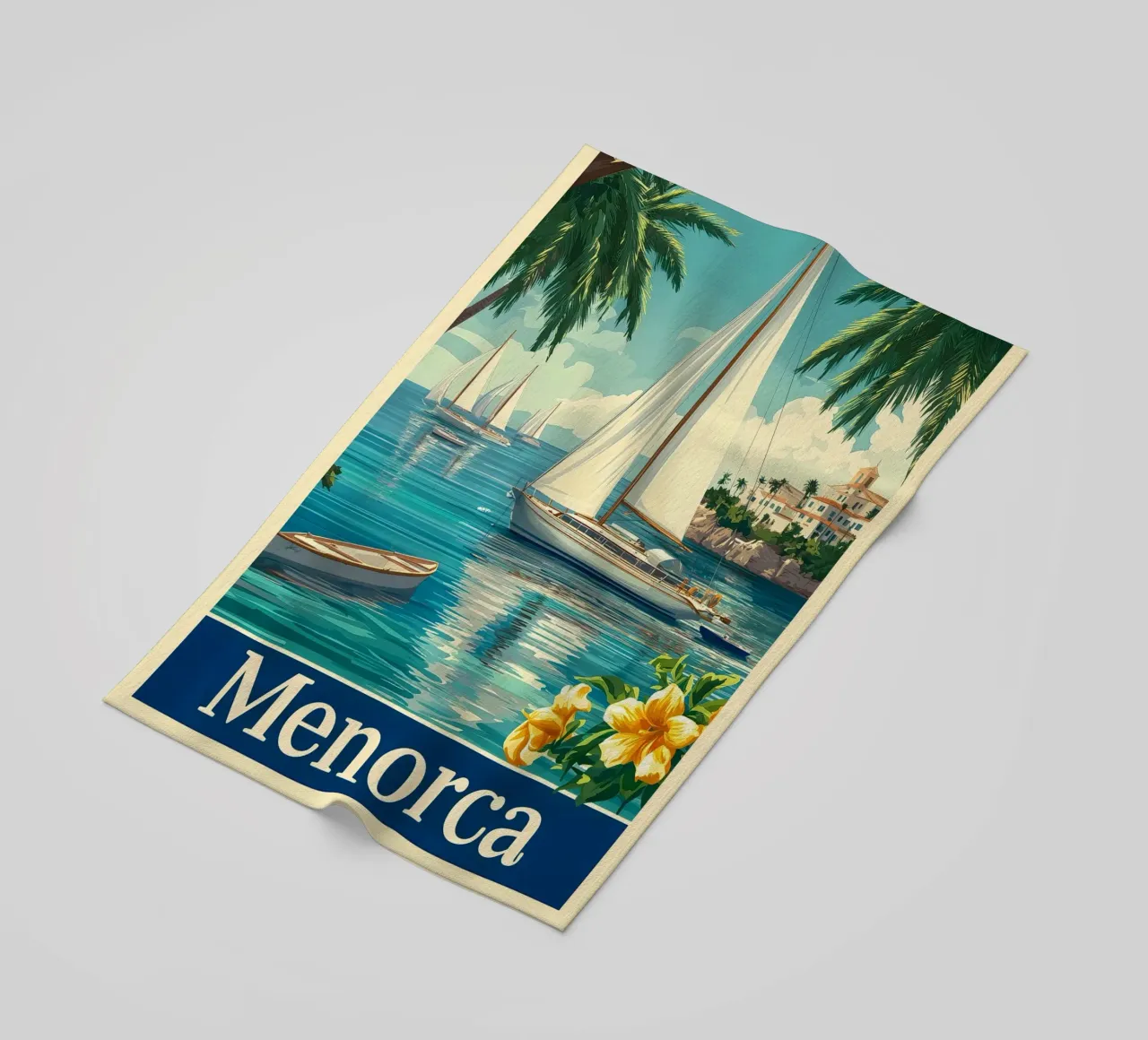Minorca in barca a vela telo mare da Vintage Travel Art