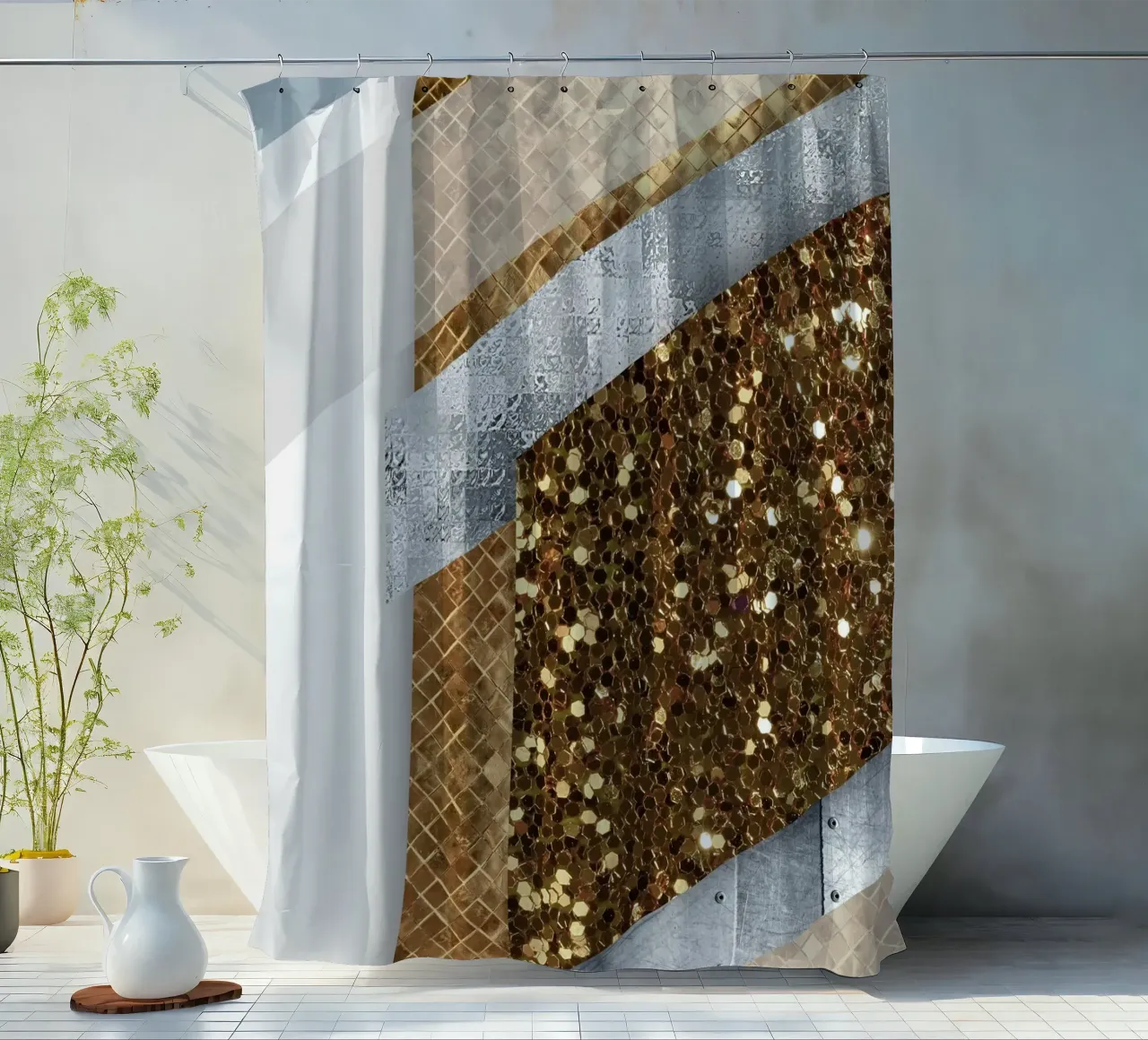 shimmering golden geometric abstract 02 tenda da doccia da vintageshop