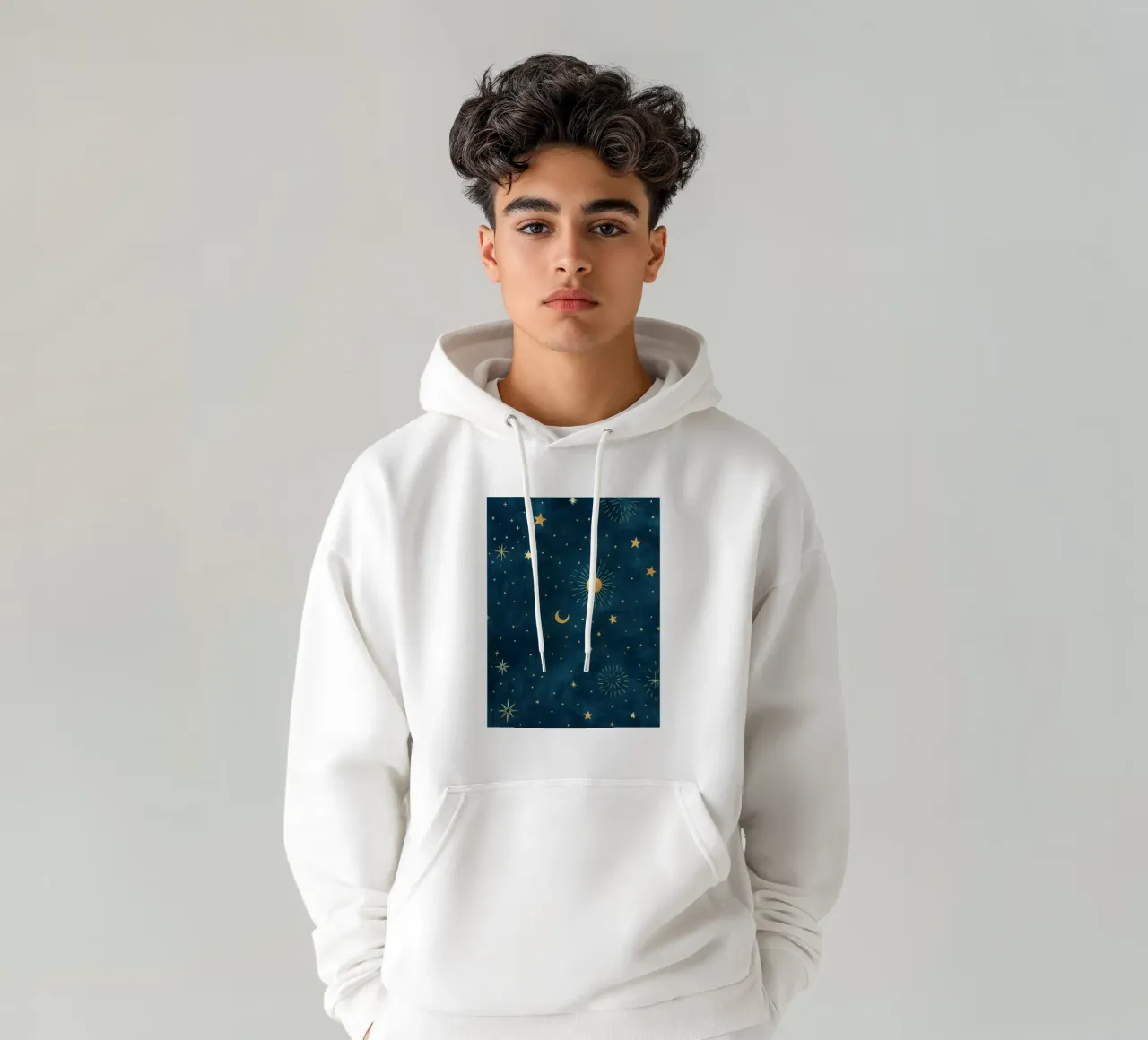 Celestial Sky Golden Boho Sun, Moon and Stars Abstract Art hoodie by Gentle Echoes Art