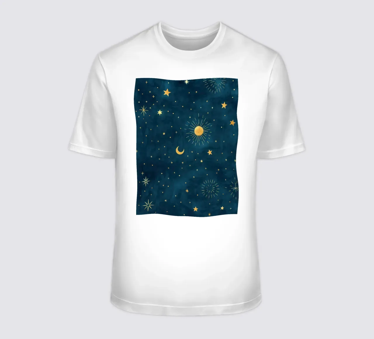 Celestial Sky Golden Boho Sun, Moon and Stars Abstract Art t-shirt by Gentle Echoes Art