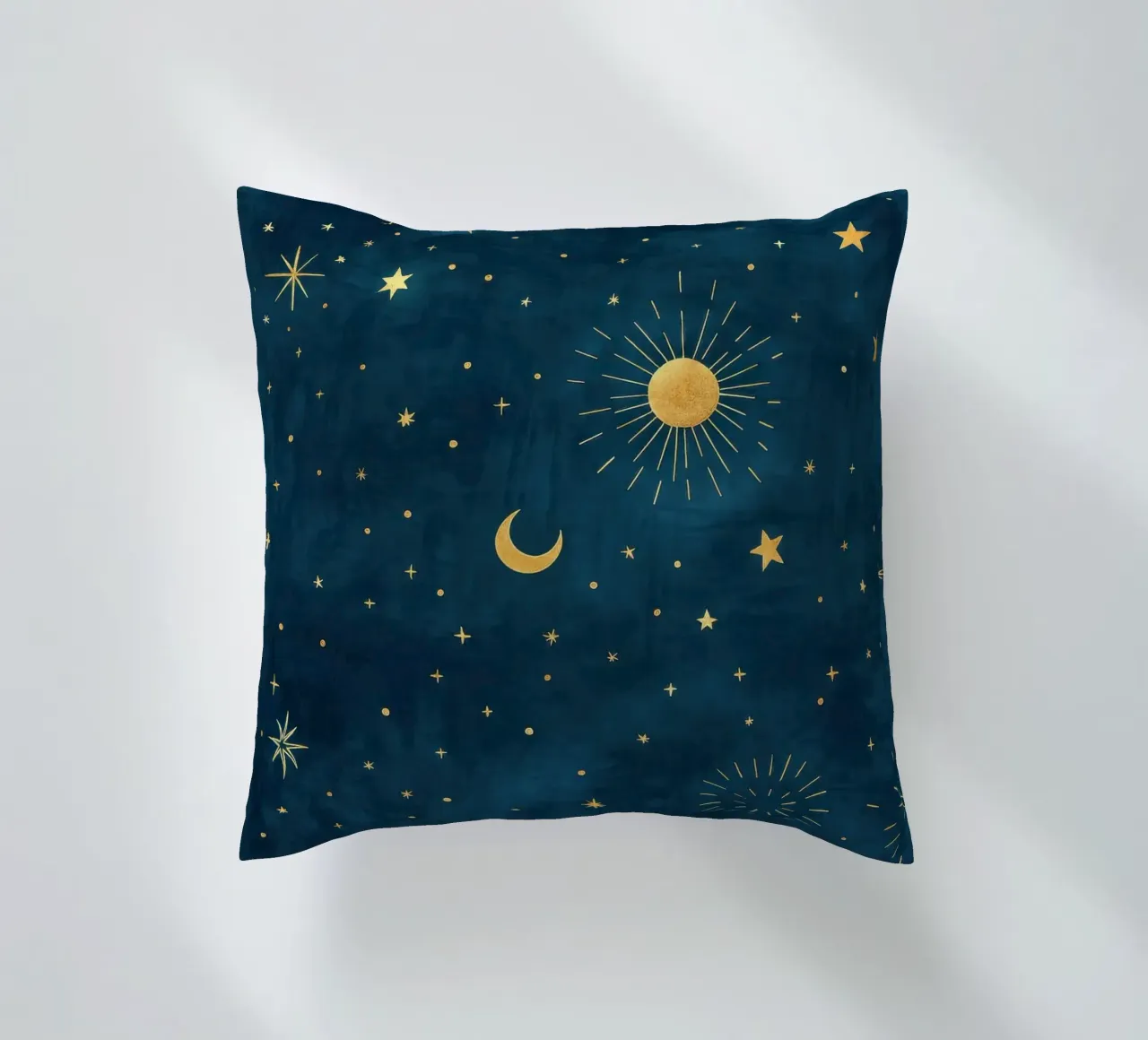 Celestial Sky Golden Boho Sun, Moon and Stars Abstract Art decorative cushion by Gentle Echoes Art