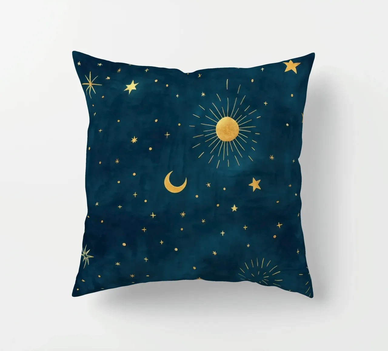 Celestial Sky Golden Boho Sun, Moon and Stars Abstract Art decorative cushion by Gentle Echoes Art
