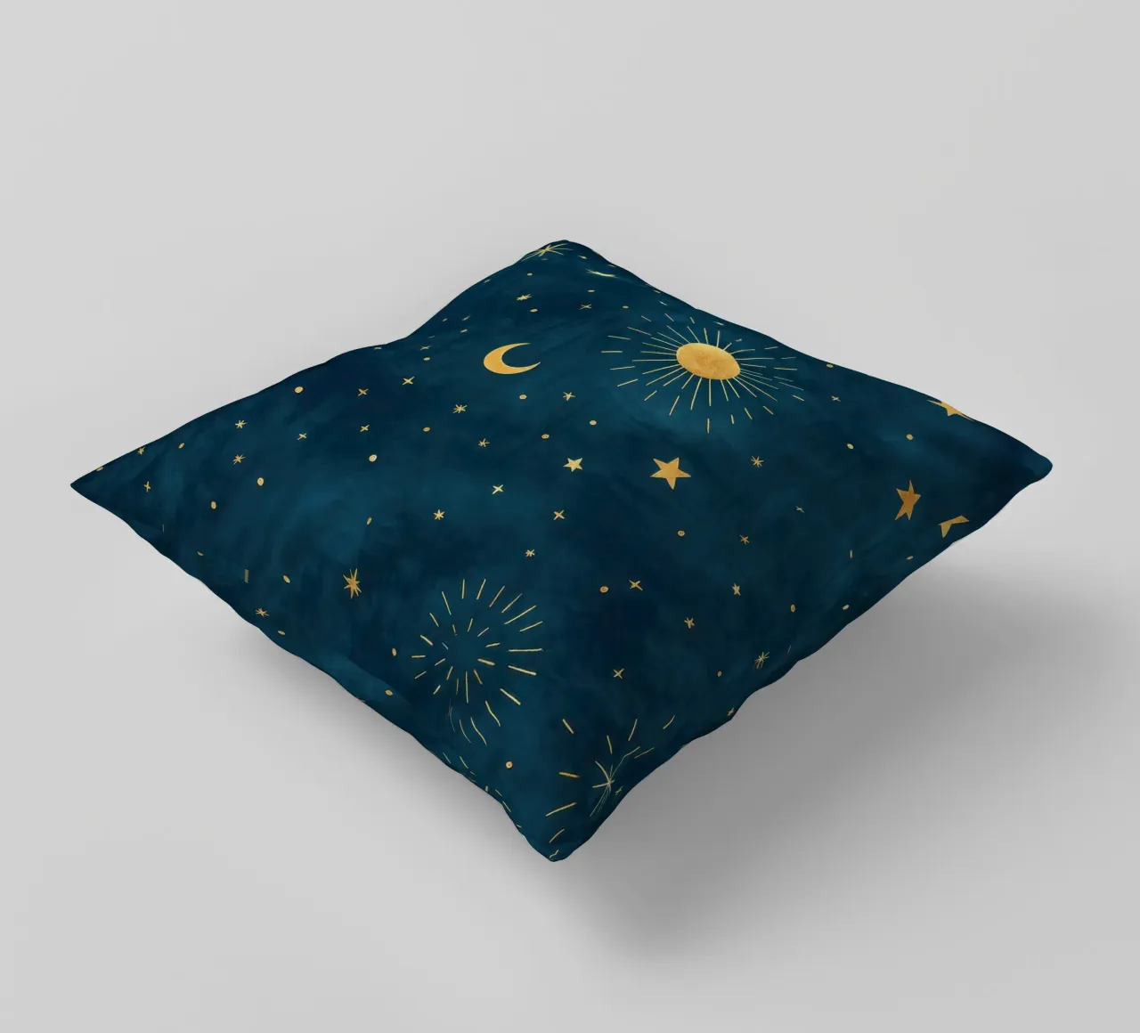 Celestial Sky Golden Boho Sun, Moon and Stars Abstract Art decorative cushion by Gentle Echoes Art