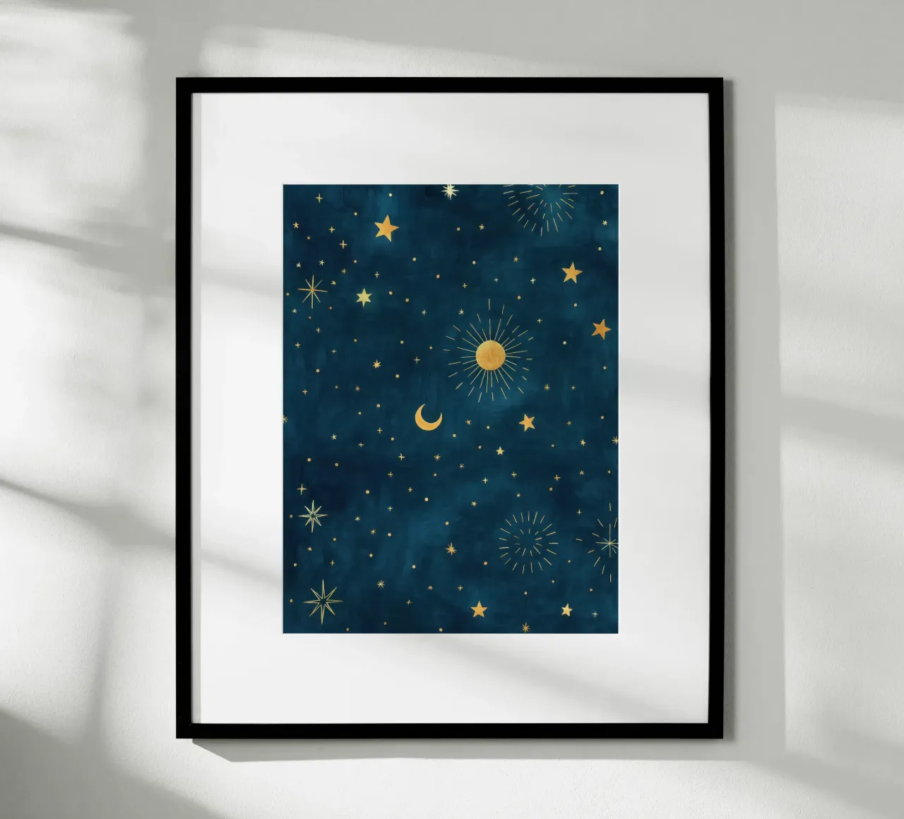 Hemelse Hemel Gouden Boho Zon, Maan en Sterren Abstracte Kunst hahnemühle van Gentle Echoes Art