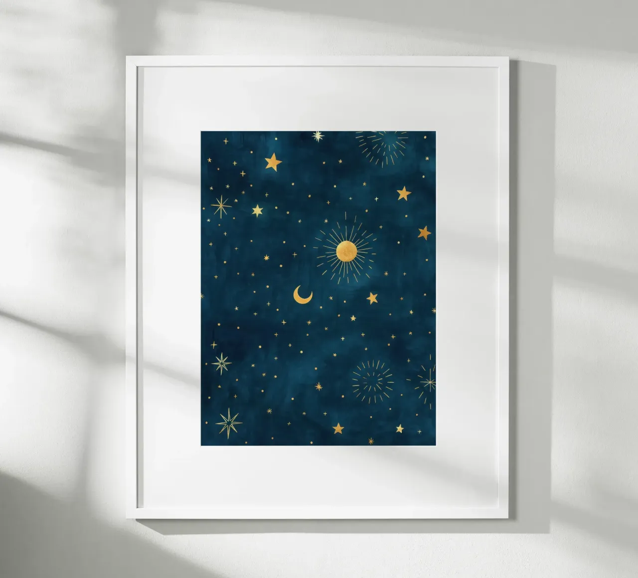Hemelse Hemel Gouden Boho Zon, Maan en Sterren Abstracte Kunst hahnemühle van Gentle Echoes Art