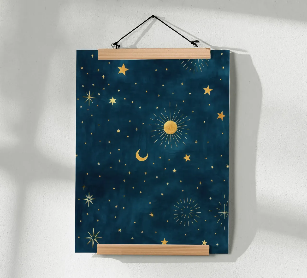 Hemelse Hemel Gouden Boho Zon, Maan en Sterren Abstracte Kunst hahnemühle van Gentle Echoes Art