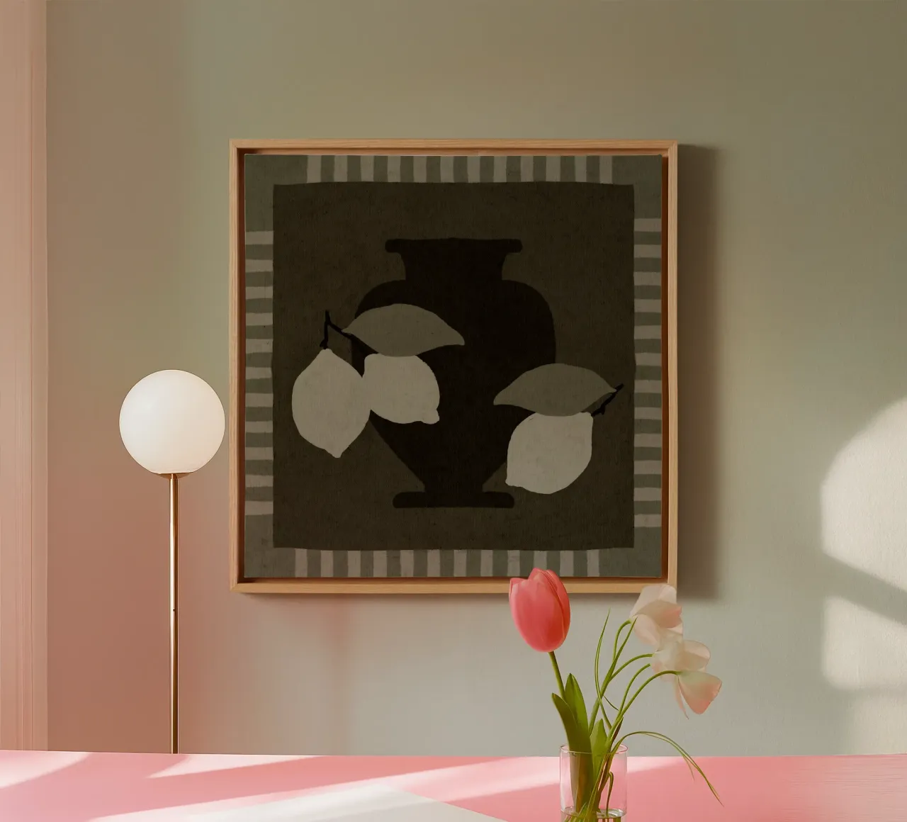 Still Life with Vase and Lemons I canvas with Floater frame by Shatha Al Dafai