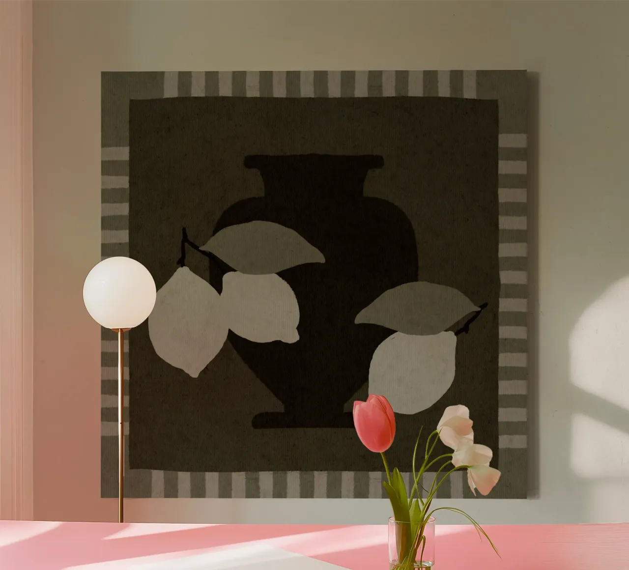 Still Life with Vase and Lemons I canvas with Floater frame by Shatha Al Dafai