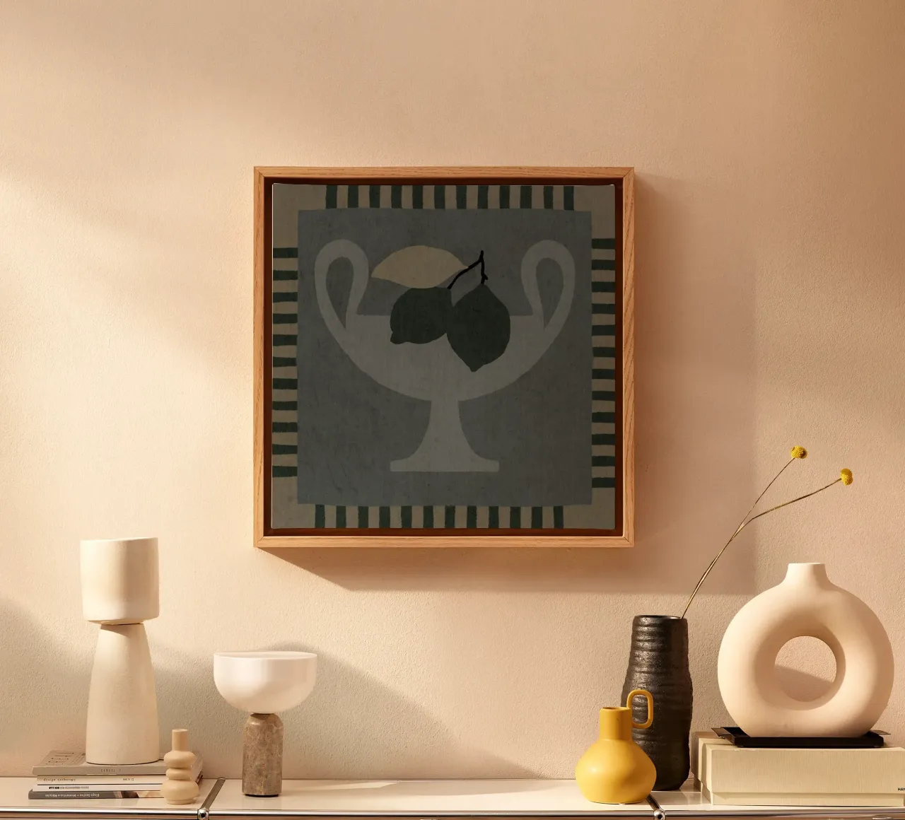 Still Life with Vase and Lemons II canvas with Floater frame by Shatha Al Dafai