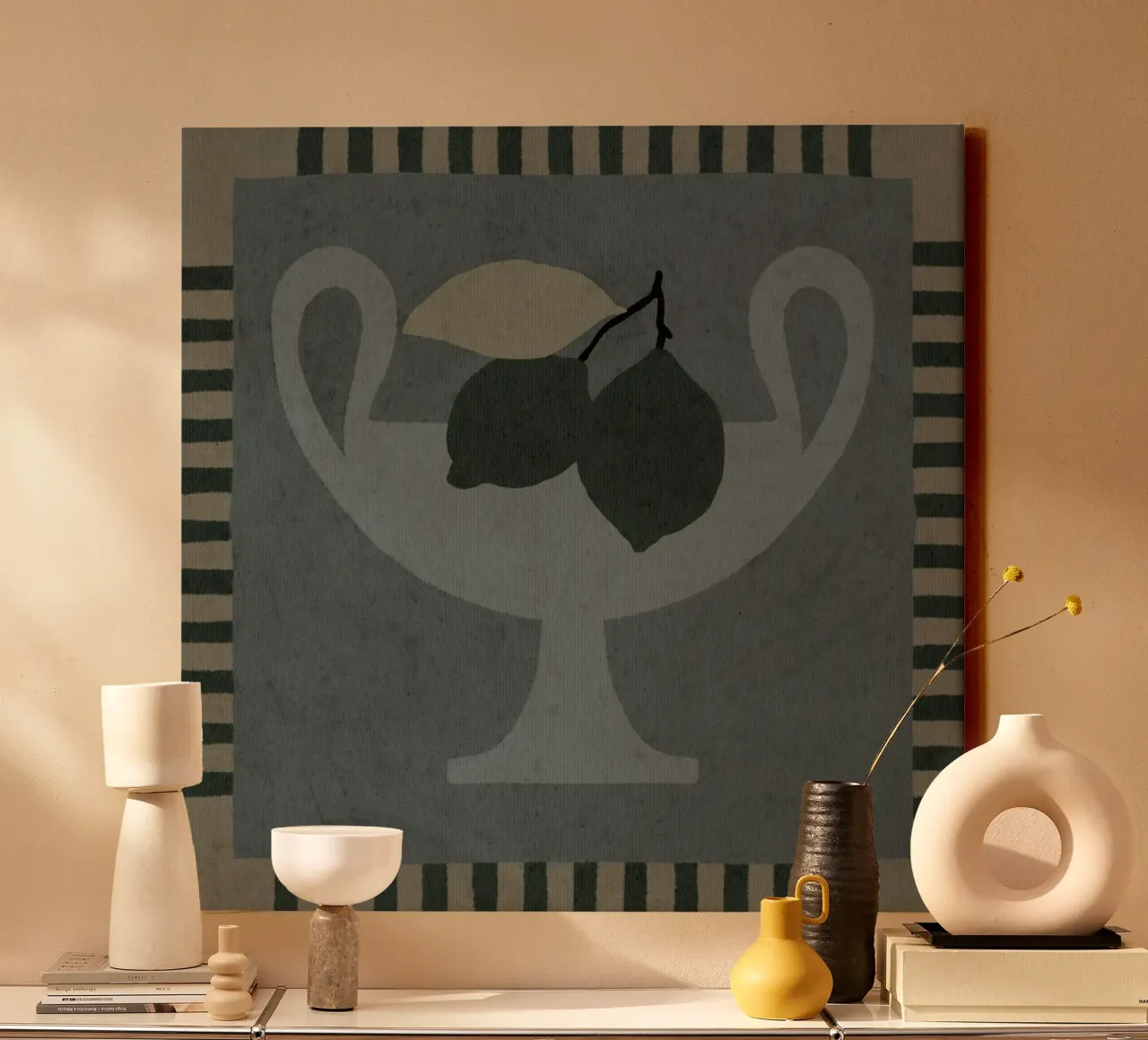 Still Life with Vase and Lemons II canvas with Floater frame by Shatha Al Dafai