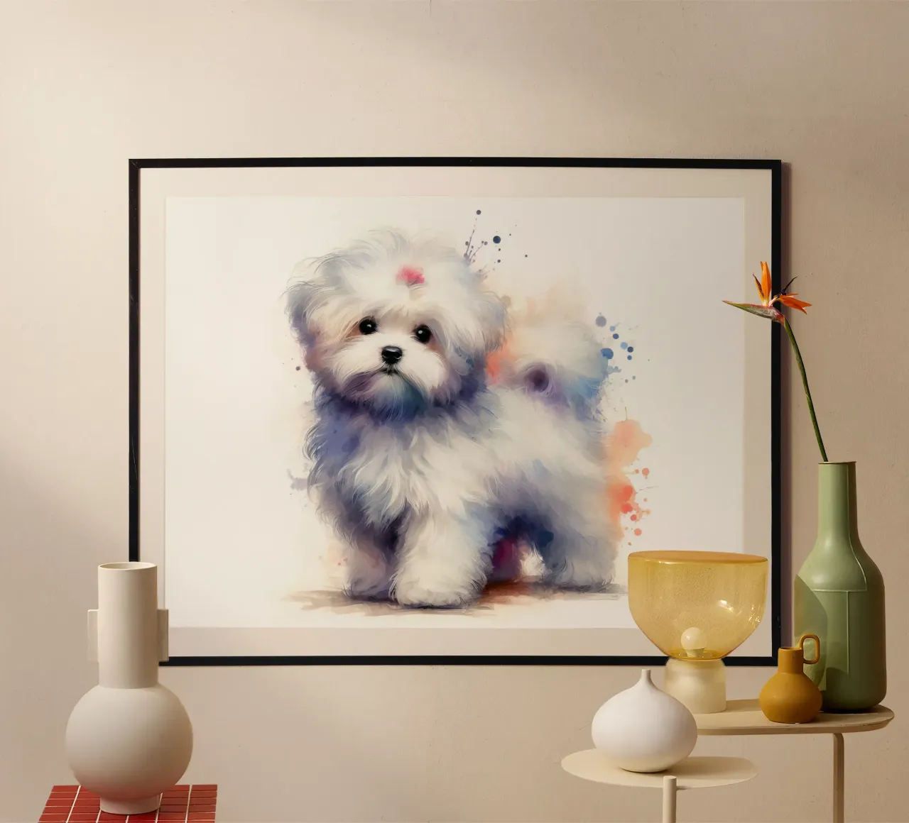 Ritratto di cucciolo maltese ad acquerello poster con telaio in legno da 🥝 KIWI STORE