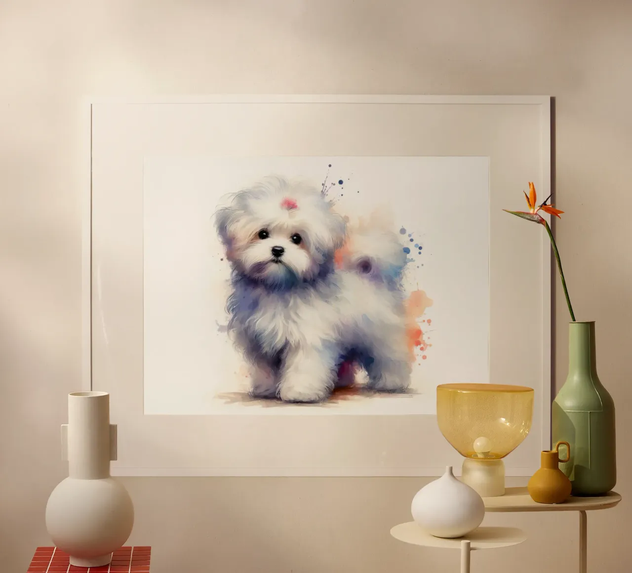 Ritratto di cucciolo maltese ad acquerello poster con telaio in legno da 🥝 KIWI STORE