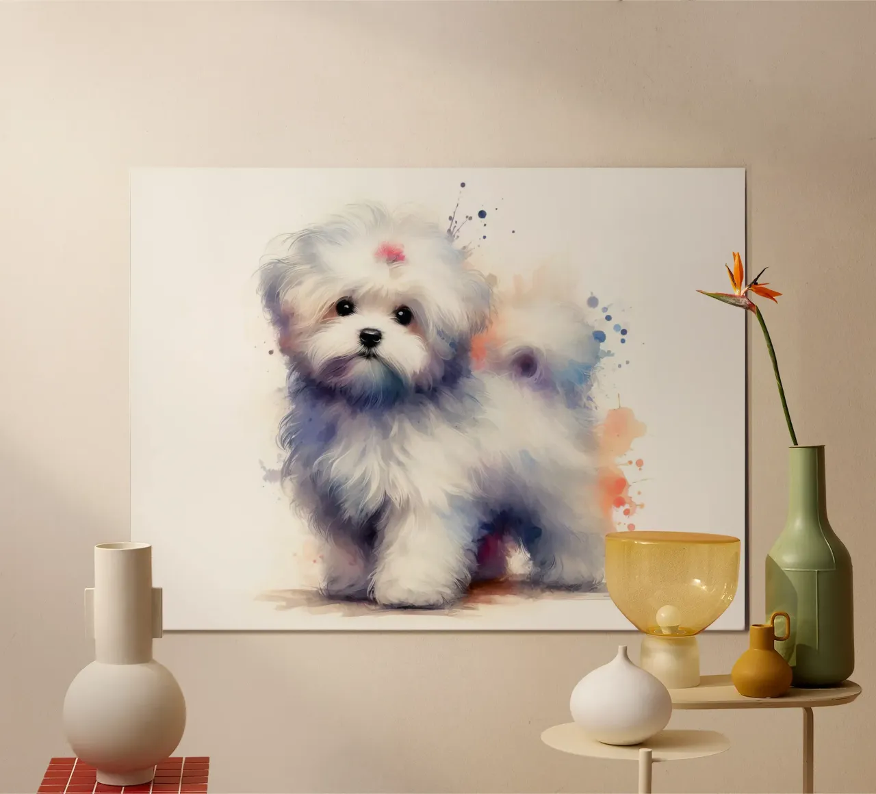 Ritratto di cucciolo maltese ad acquerello poster con telaio in legno da 🥝 KIWI STORE