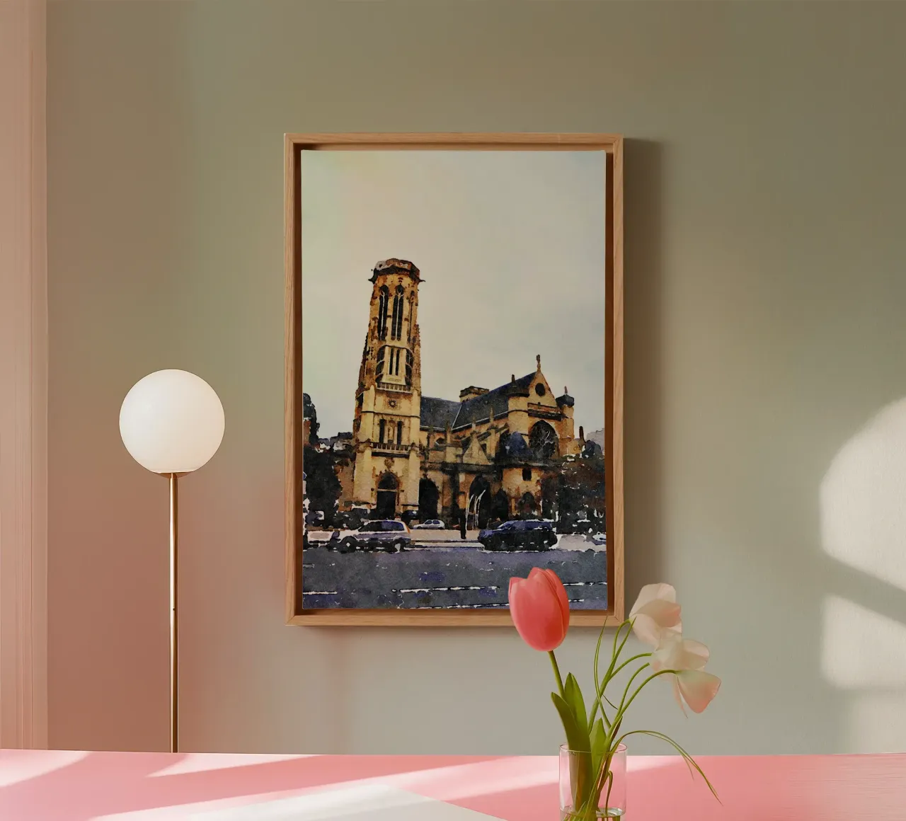 Eine Kirche in Paris Leinwand mit Schattenfugenrahmen von Massimo Frascogna