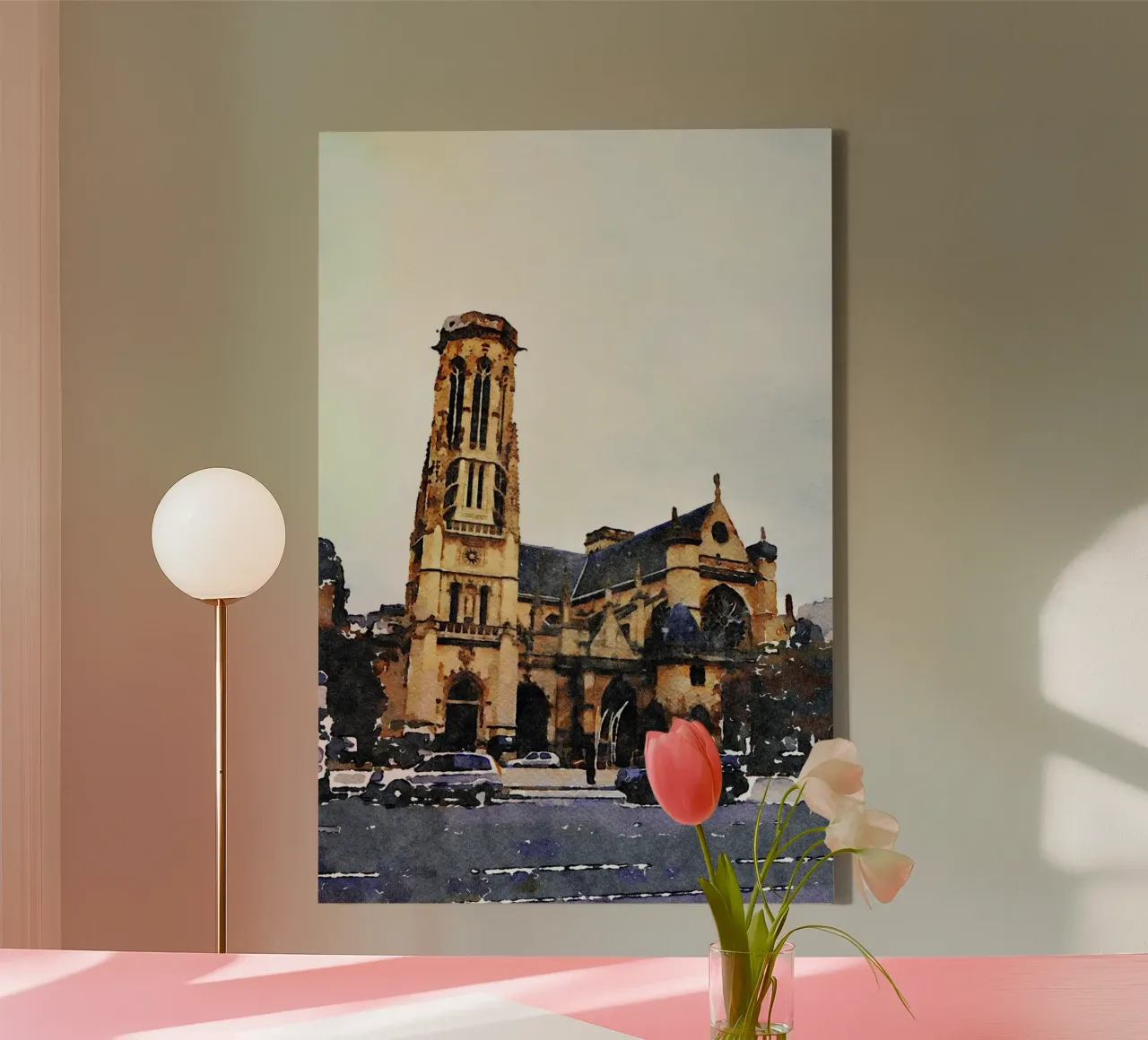 Eine Kirche in Paris Leinwand mit Schattenfugenrahmen von Massimo Frascogna