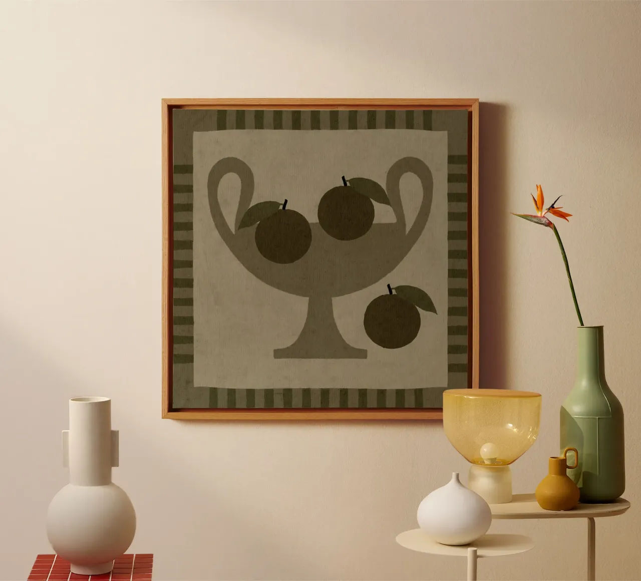 Still Life with Vase and Oranges I canvas with Floater frame by Shatha Al Dafai