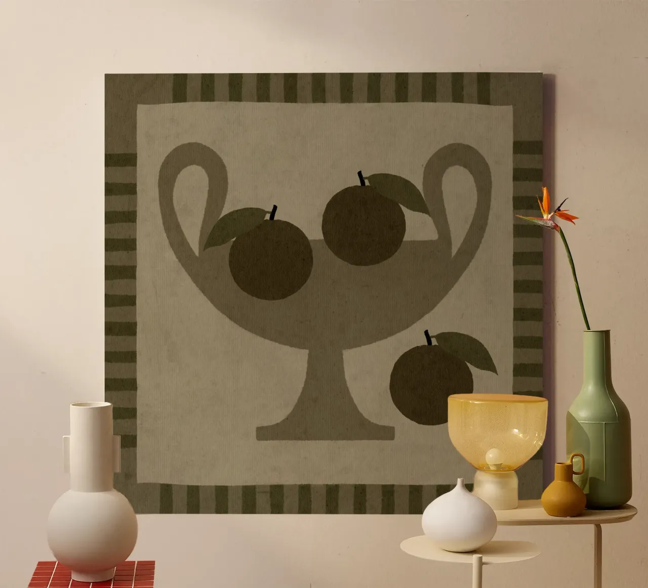 Still Life with Vase and Oranges I canvas with Floater frame by Shatha Al Dafai