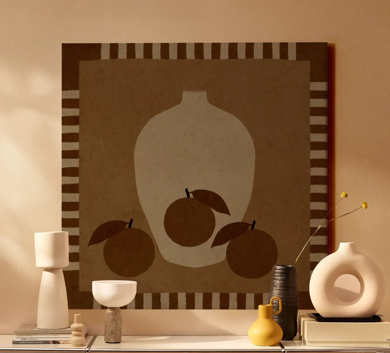 Stilleven met vaas en sinaasappels II canvas met Baklijst van Shatha Al Dafai