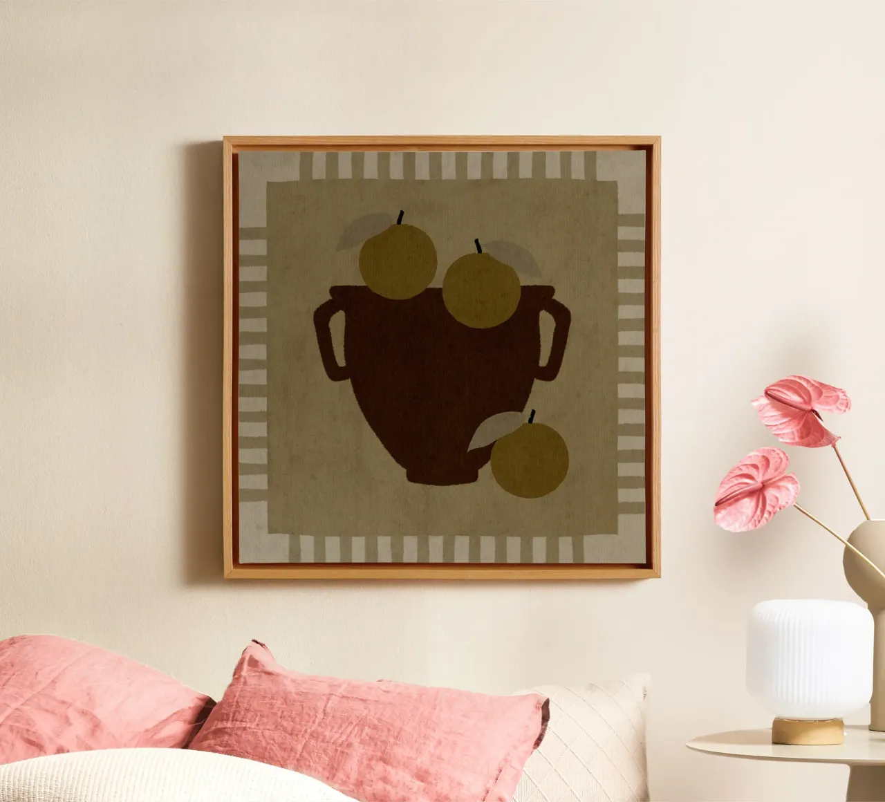 Still Life with Vase and Oranges III canvas with Floater frame by Shatha Al Dafai