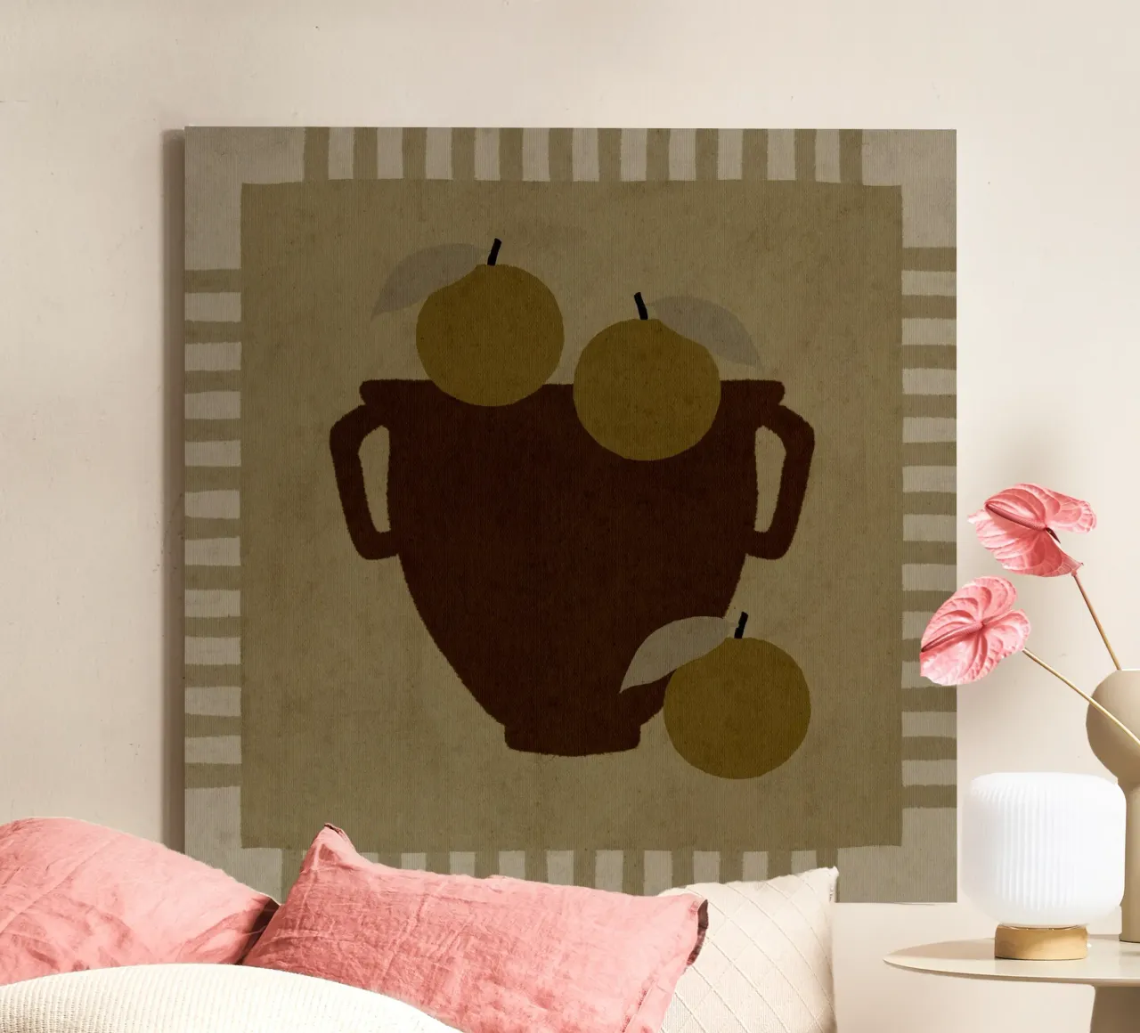 Still Life with Vase and Oranges III canvas with Floater frame by Shatha Al Dafai