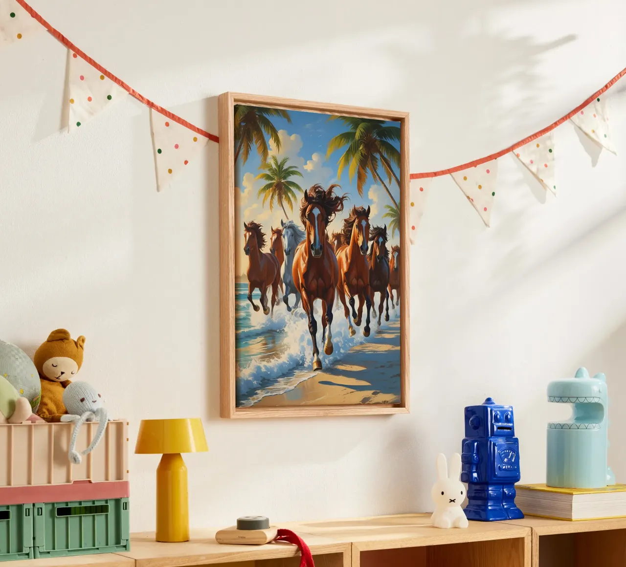 Pferde am Palmenstrand tela con Cornice a cassetta da Poster Dreams