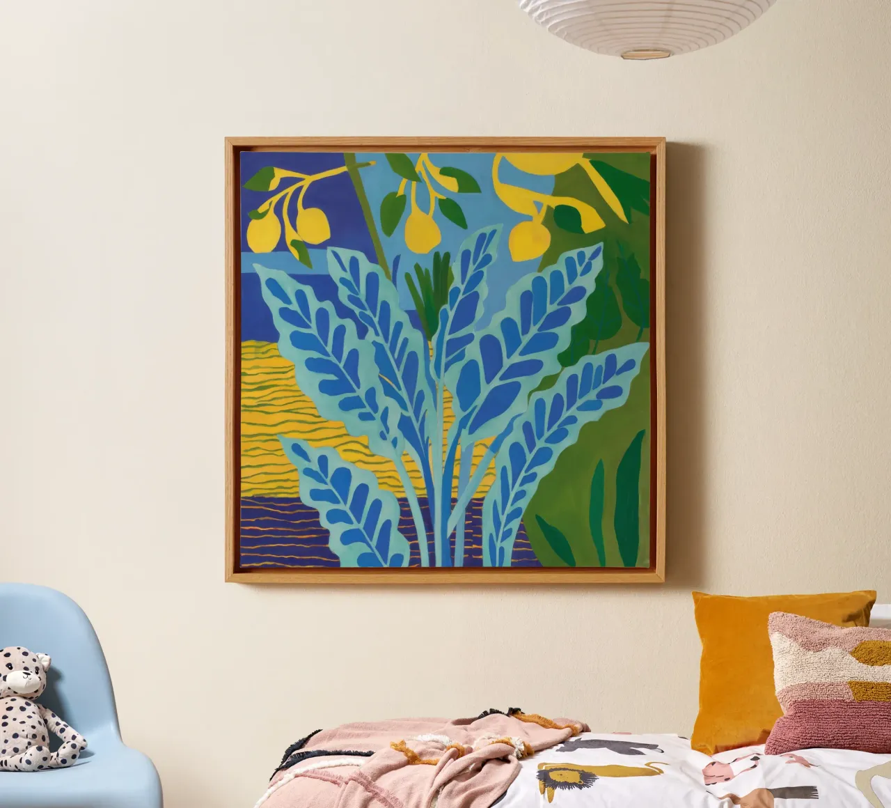 Blauw Blad Geel Grond canvas met Baklijst van Lune Dreams