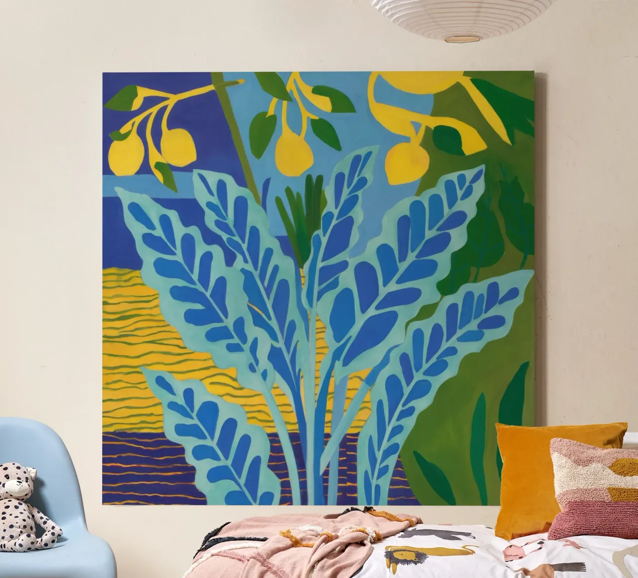 Blauw Blad Geel Grond canvas met Baklijst van Lune Dreams