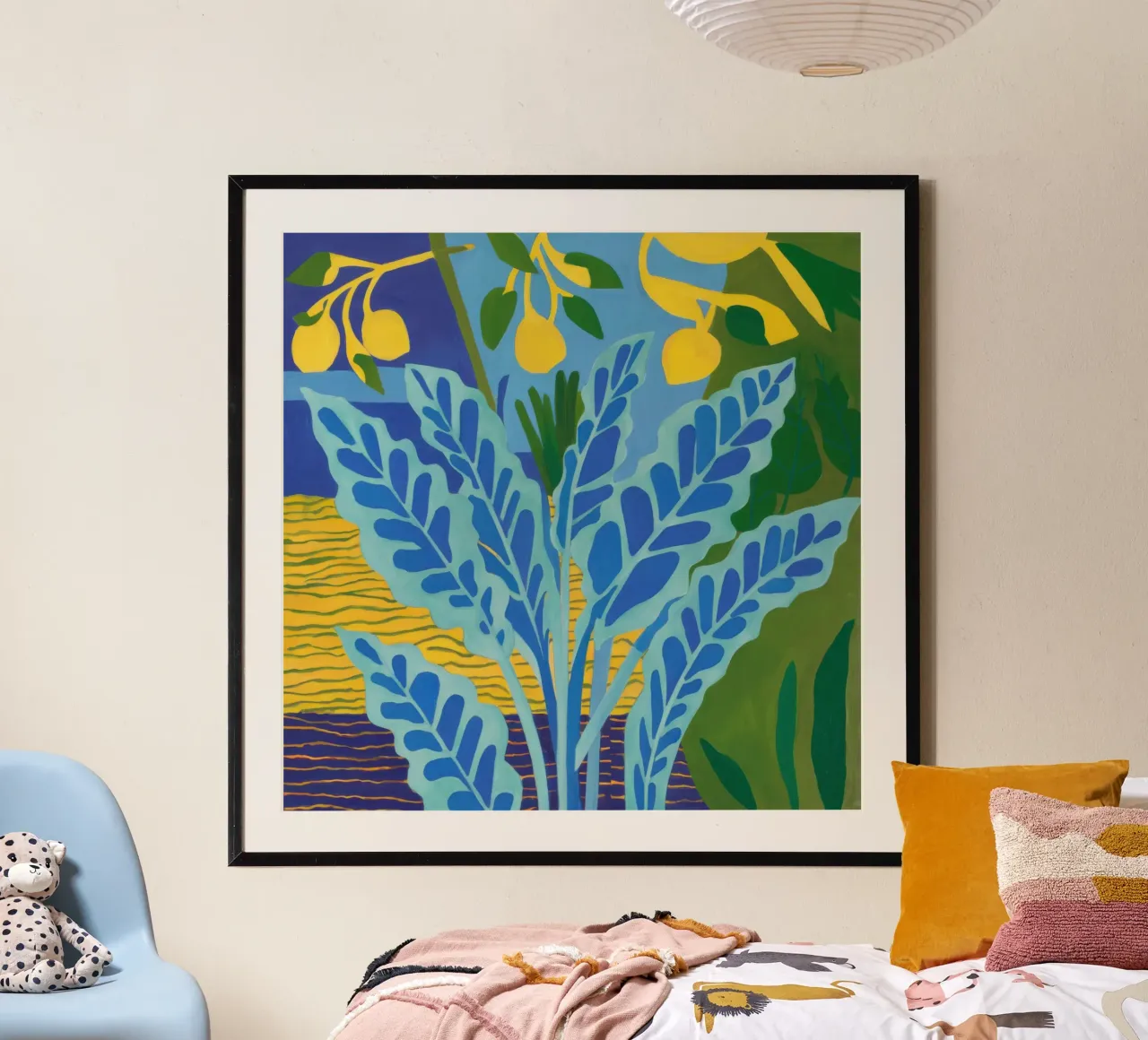 Feuille bleue Fond jaune poster de Lune Dreams