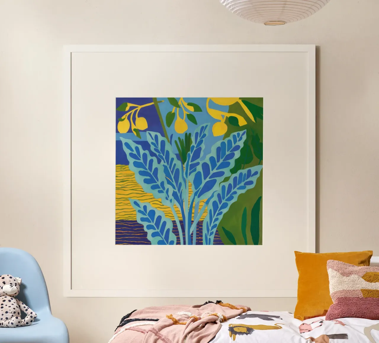 Feuille bleue Fond jaune poster de Lune Dreams