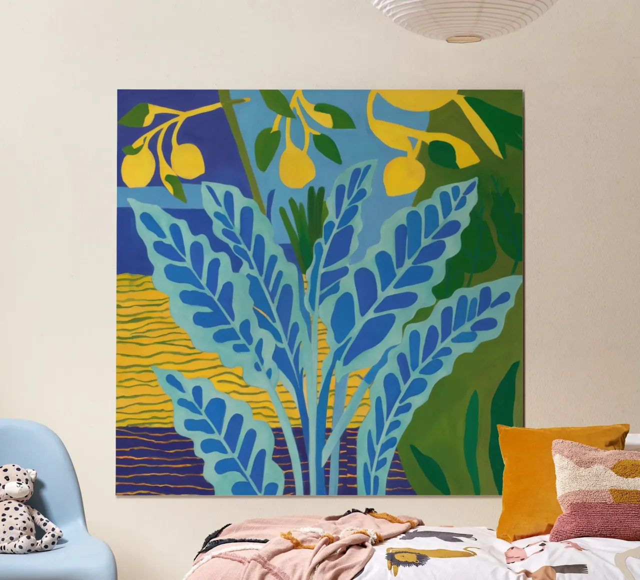 Feuille bleue Fond jaune poster de Lune Dreams