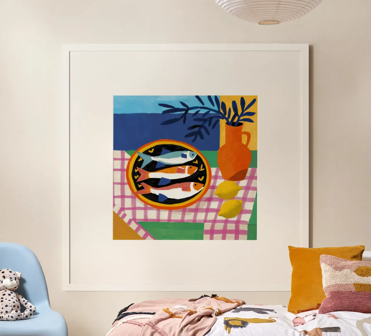 Sardinenplatte Zitronen Poster mit Holzrahmen von Lune Dreams
