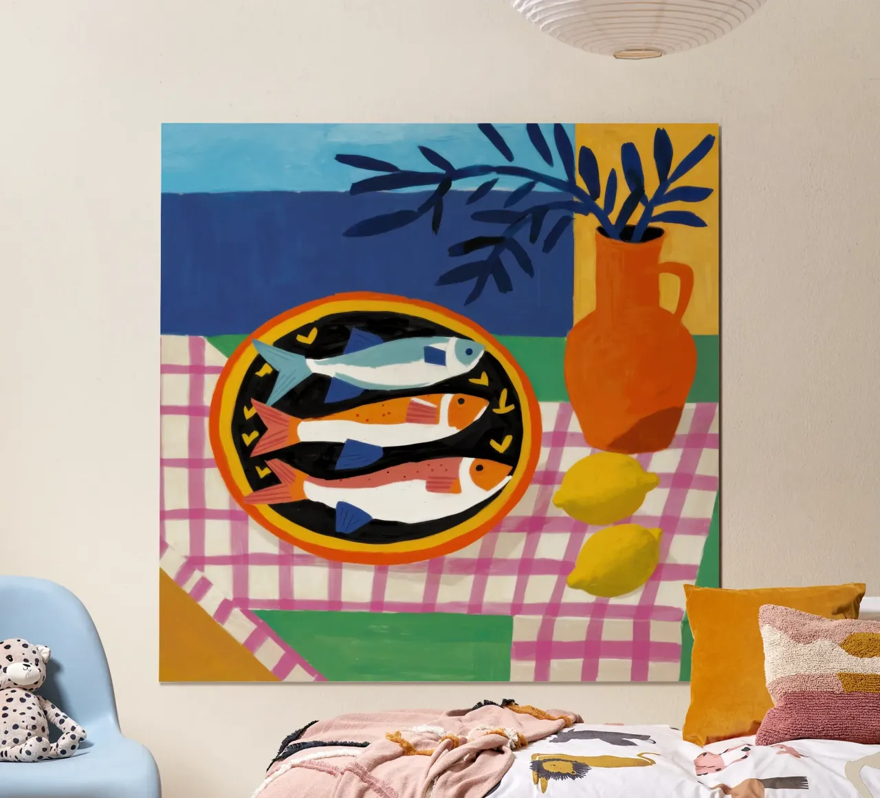 Sardinenplatte Zitronen Poster mit Holzrahmen von Lune Dreams
