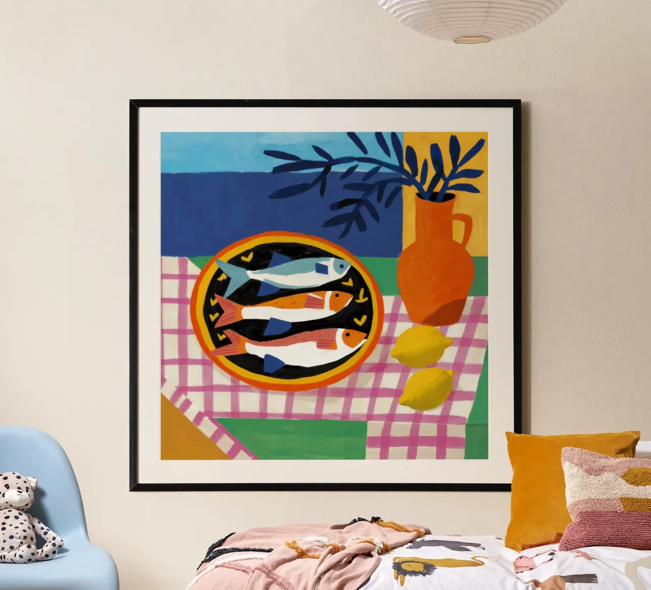 Sardinenplatte Zitronen Poster mit Holzrahmen von Lune Dreams