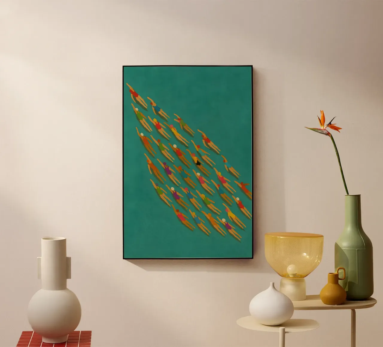 Synchronized Swimmers in Bold Motion on Teal Canvas acrylic glass by Tide & Texture