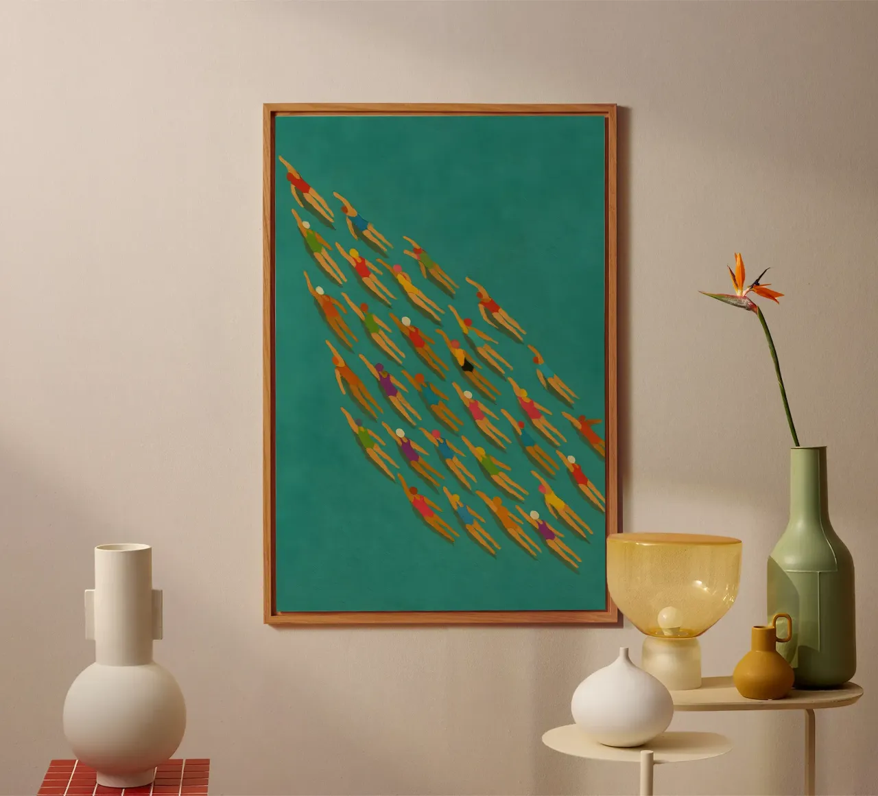 Synchronized Swimmers in Bold Motion on Teal Canvas alu-dibond by Tide & Texture