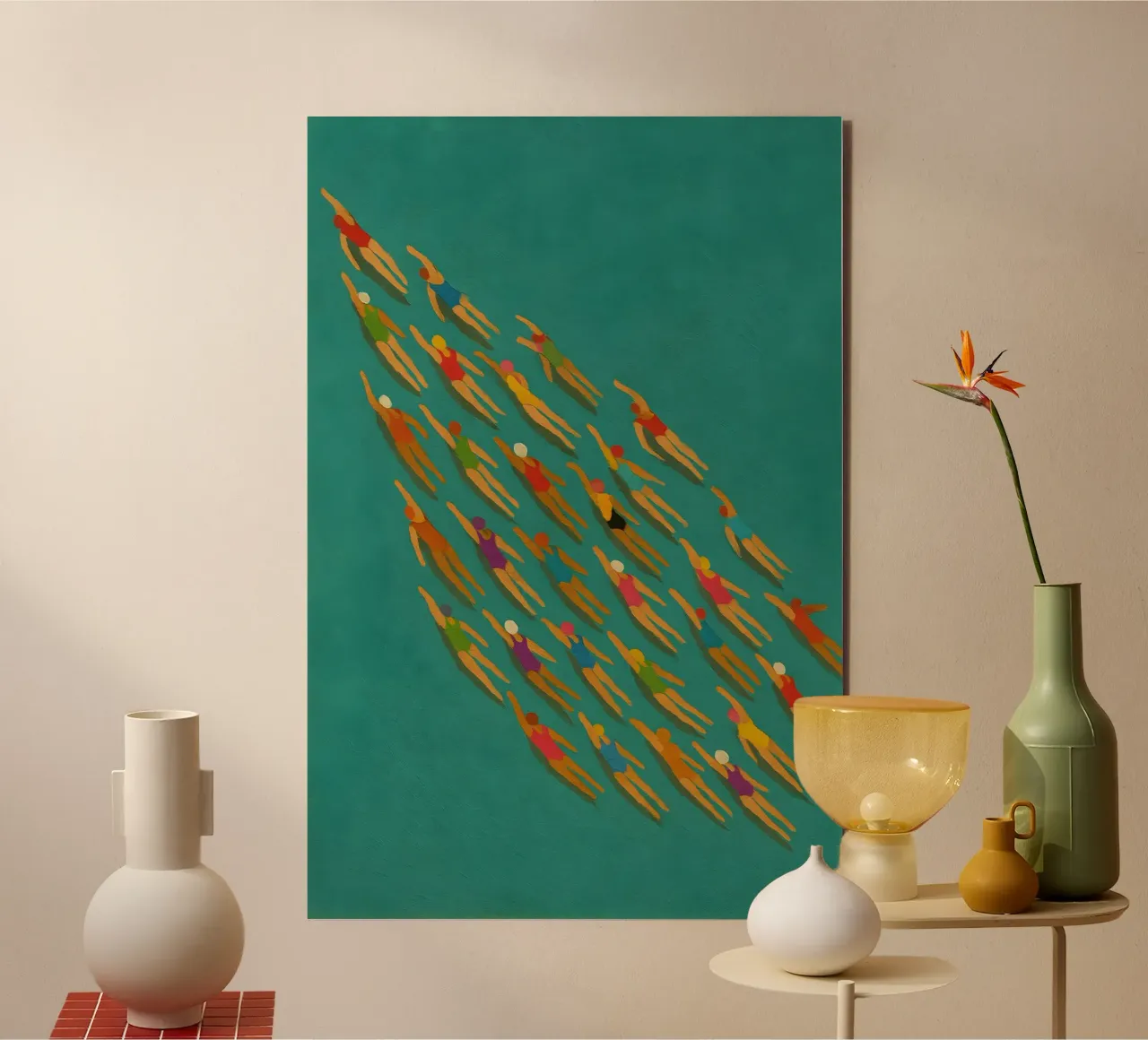Synchronized Swimmers in Bold Motion on Teal Canvas alu-dibond by Tide & Texture
