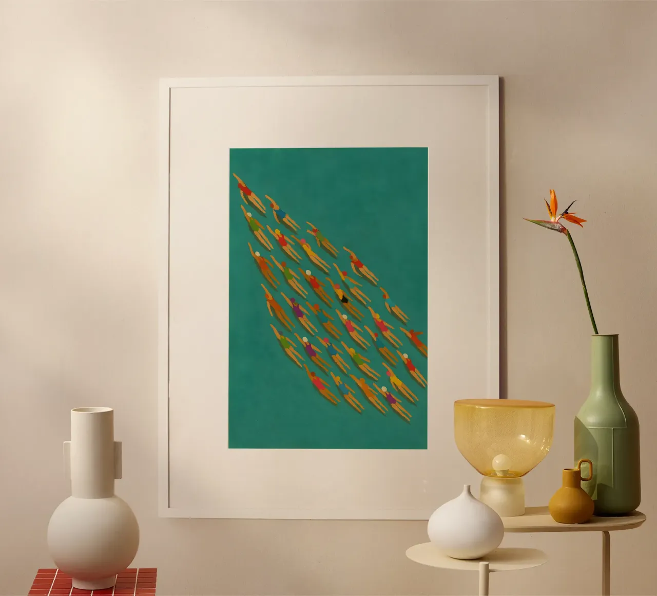 Synchronized Swimmers in Bold Motion on Teal Canvas hahnemühle by Tide & Texture