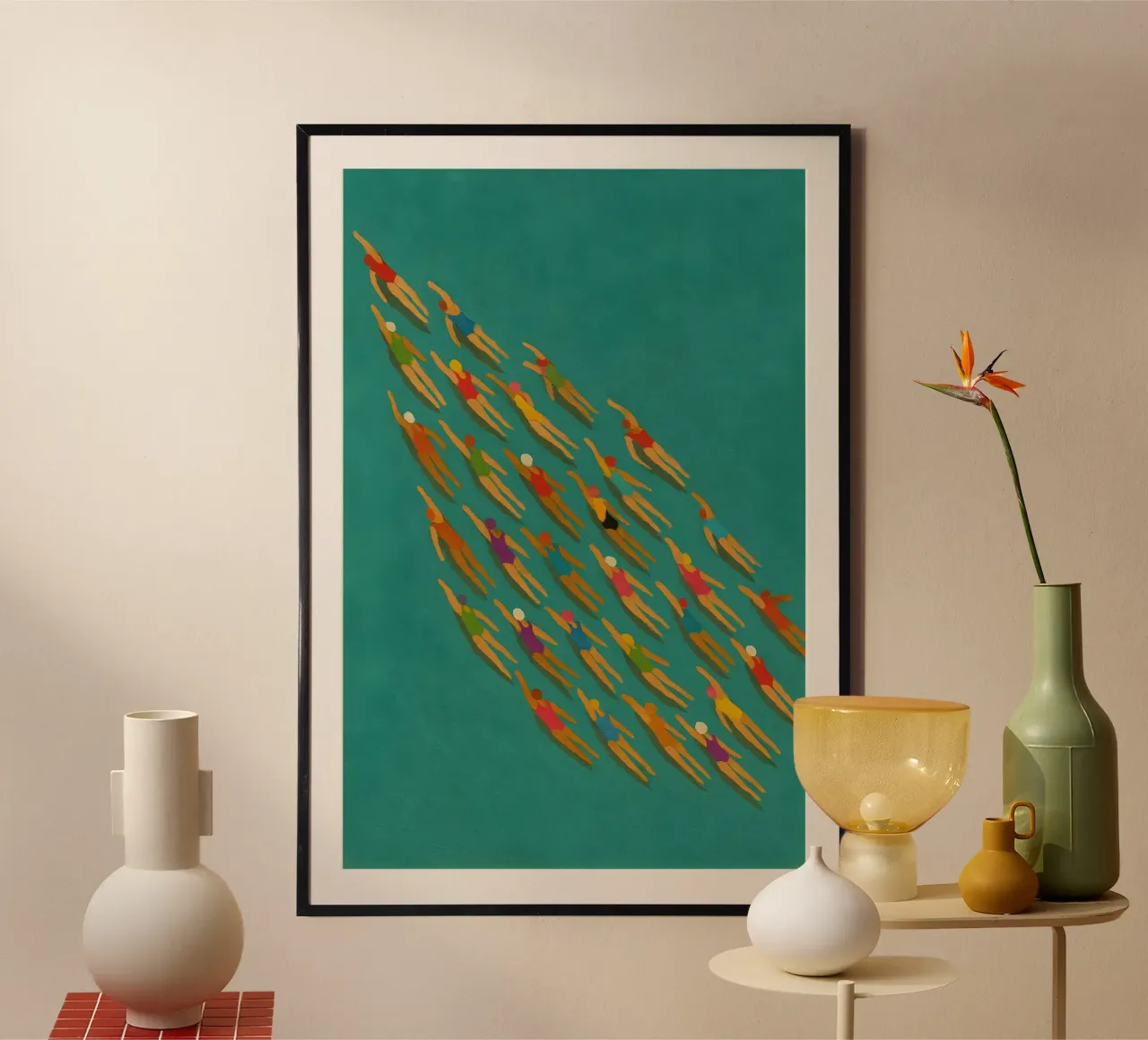 Synchronized Swimmers in Bold Motion on Teal Canvas hahnemühle by Tide & Texture