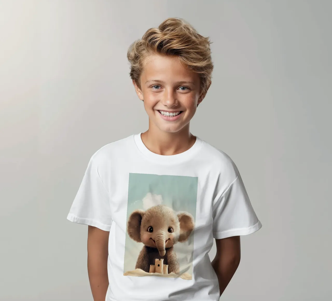 Hero #46: Elephant with sandcastle kids t-shirt by farbenhelden