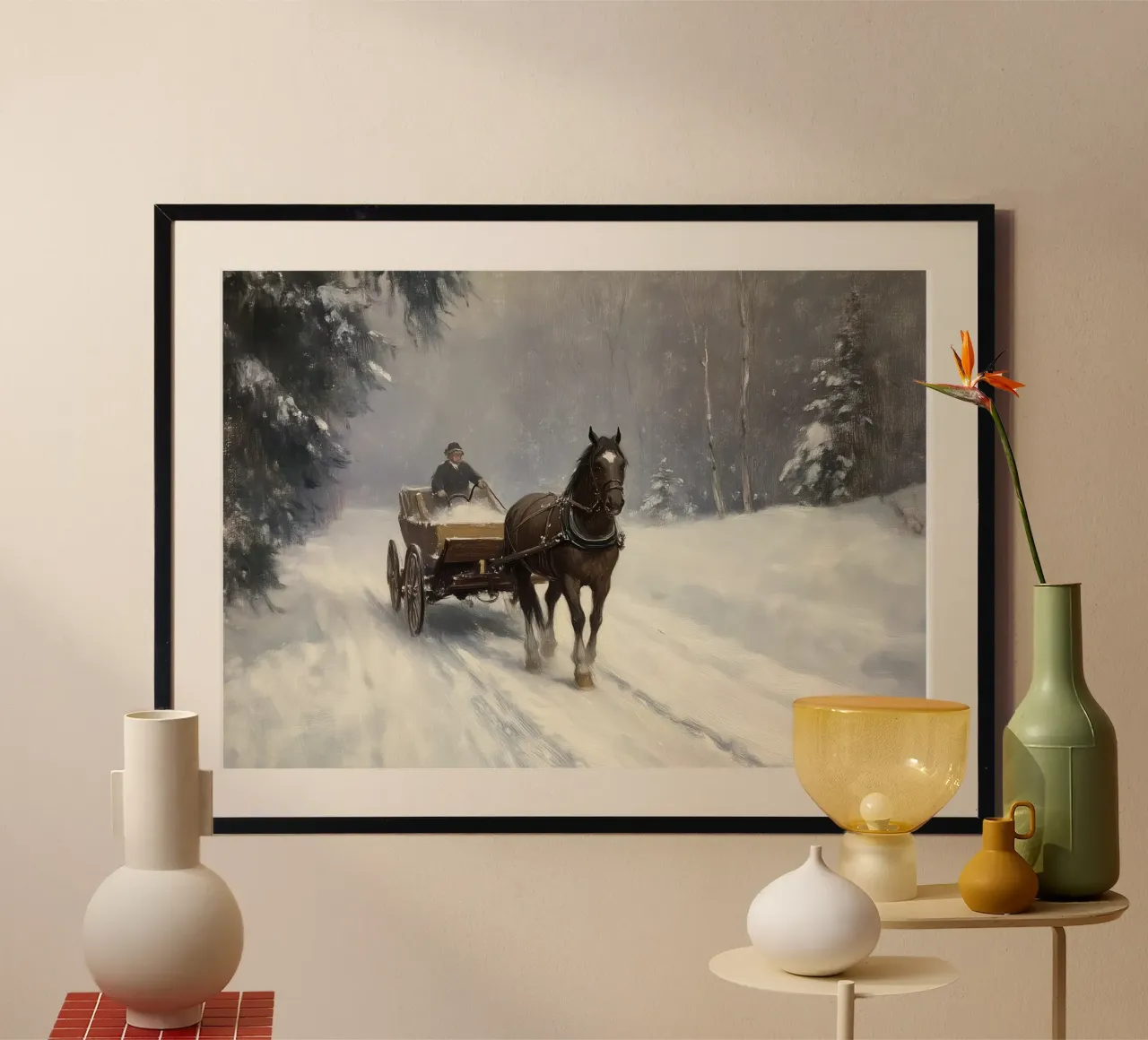 Viaggio d'inverno - Cavallo e slitta - Paesaggio innevato poster con telaio in plastica da ClubArt